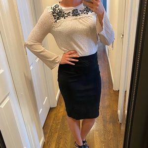 Rewind Size Medium Ivory Cream Off White Long Sleeve Top Blouse Black Velvet